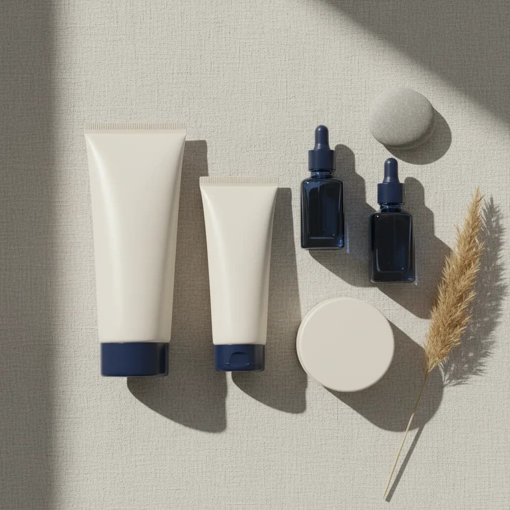 Diversos frascos de produtos de skincare sem marca, dispostos de forma minimalista