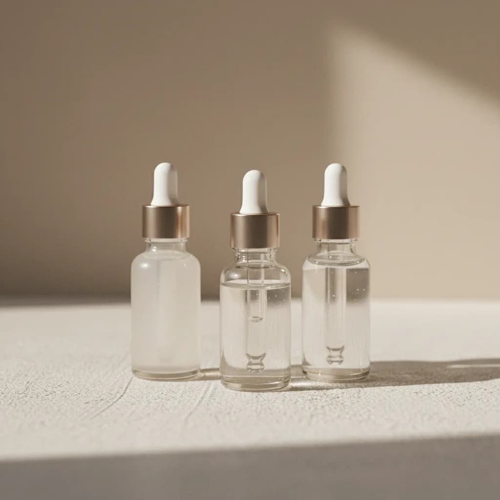 Frascos minimalistas de séruns em uma superfície neutra