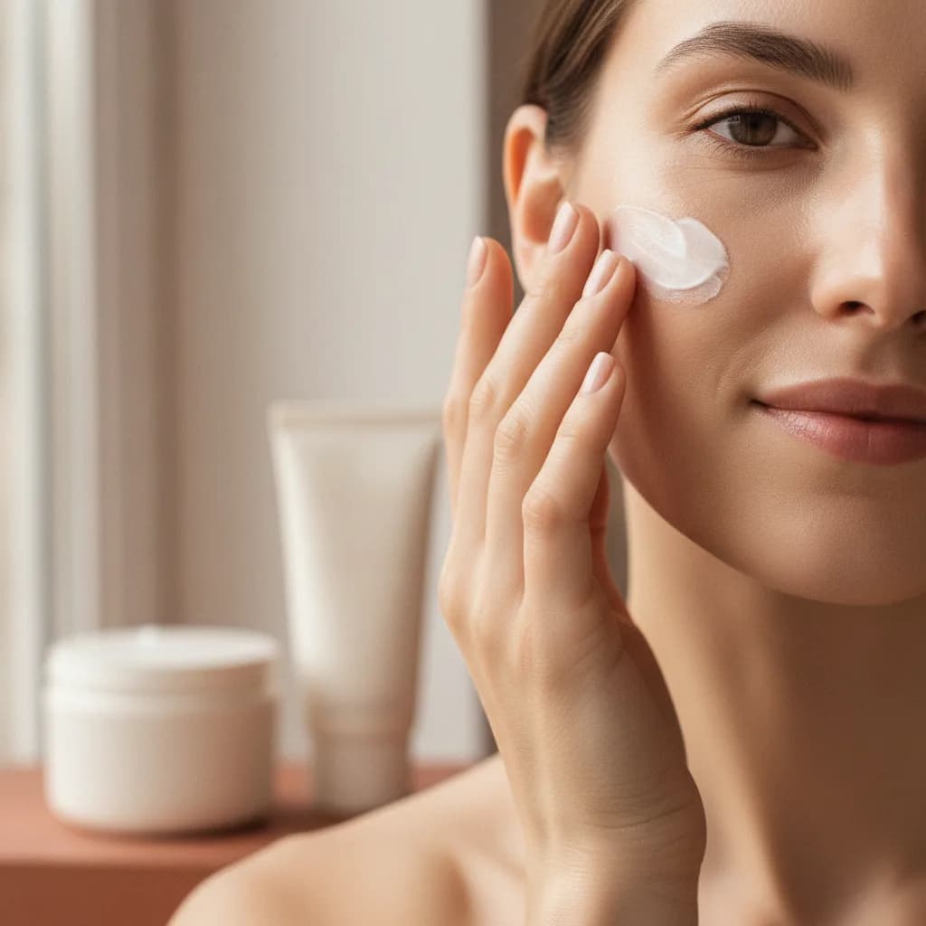 Mão de uma mulher aplicando suavemente um hidratante facial na bochecha.