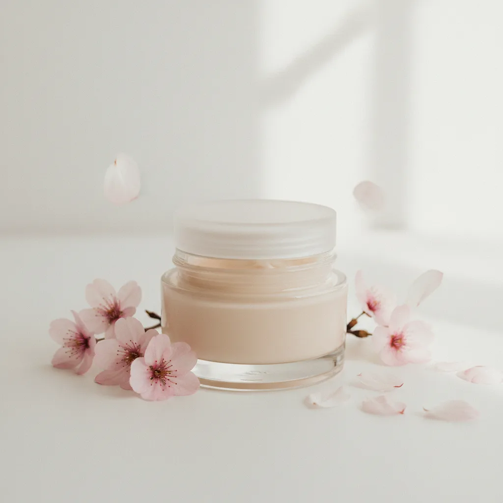 Frasco de creme facial em ambiente sereno com flores delicadas