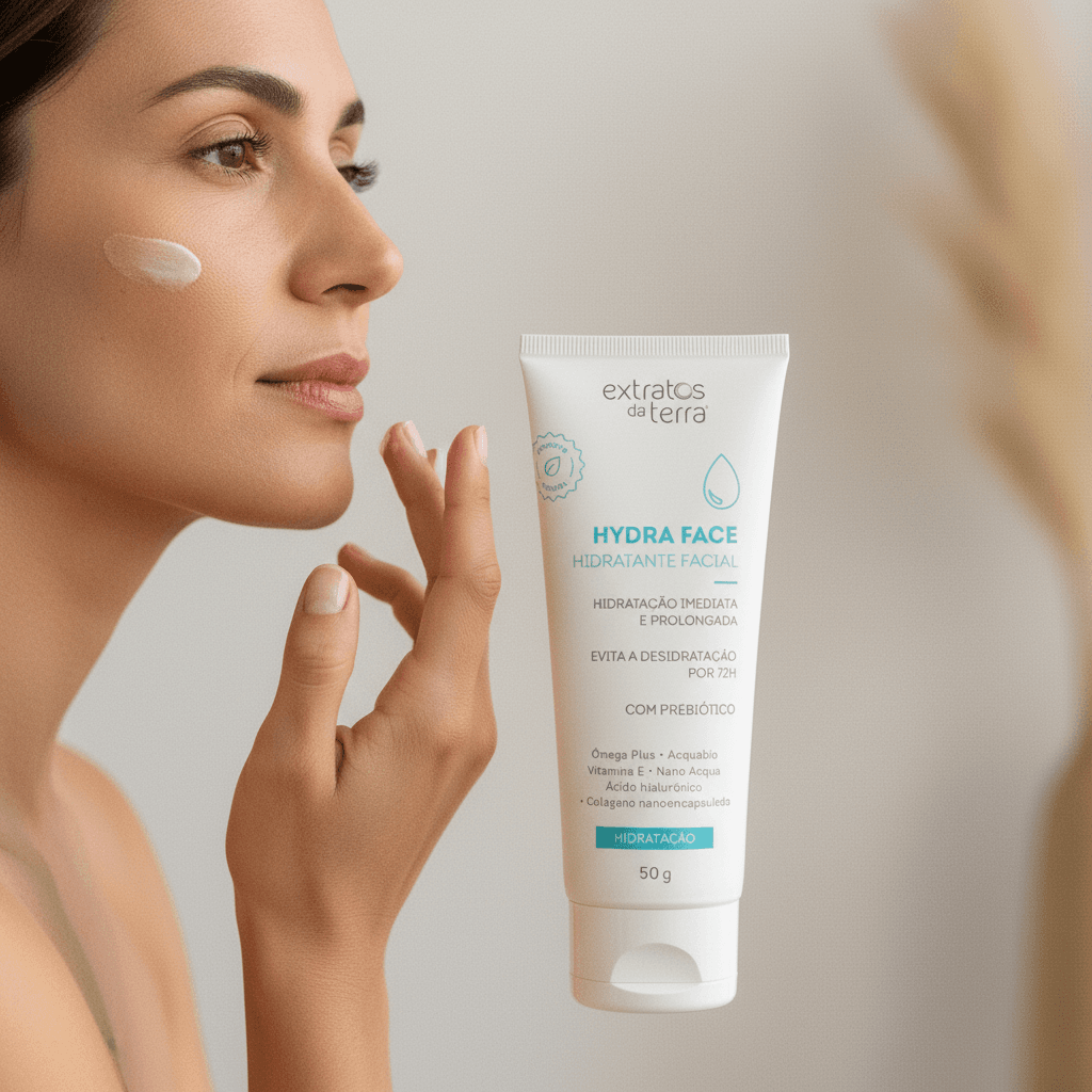 Hidratante Facial Hydra Face 50g - Extratos Da Terra, passando o creme no rosto