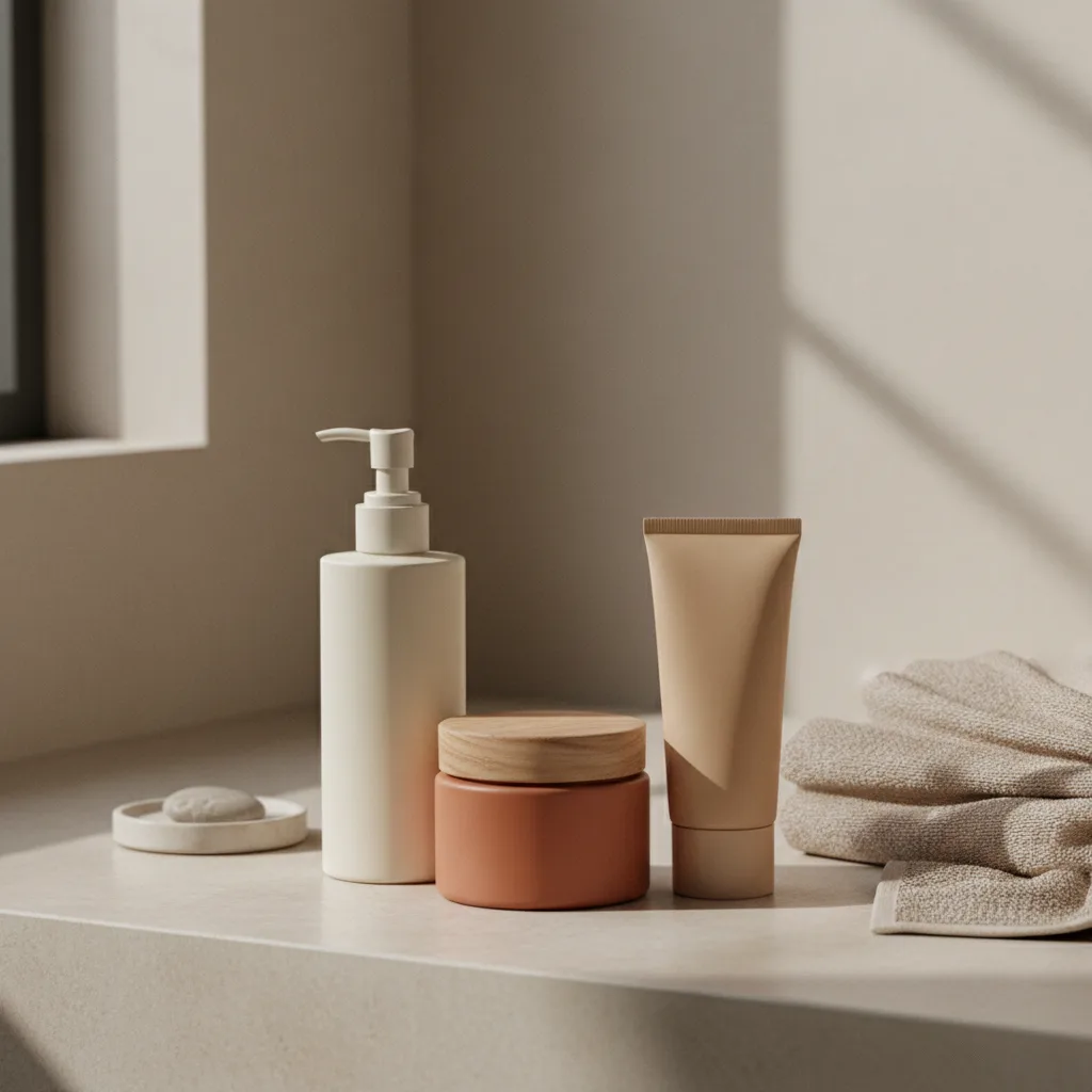 Produtos de skincare minimalistas em um banheiro sereno
