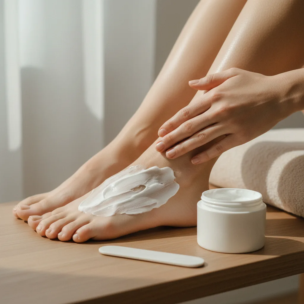 Mãos massageando um pé com um creme, em um gesto suave de autocuidado